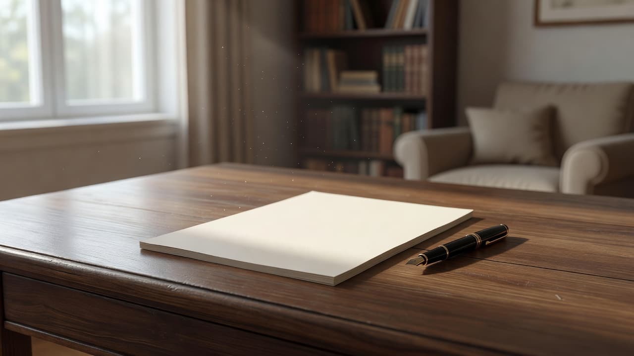 Een rustig houten bureau met een vulpen en een leeg vel papier in zacht daglicht.